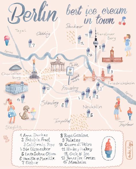 Watercolor City Map, Berlin Map, I Love Ice Cream, Map Sketch, Lilla Rogers, Berlin Art, Map Illustration, Editorial Art, Love Ice Cream