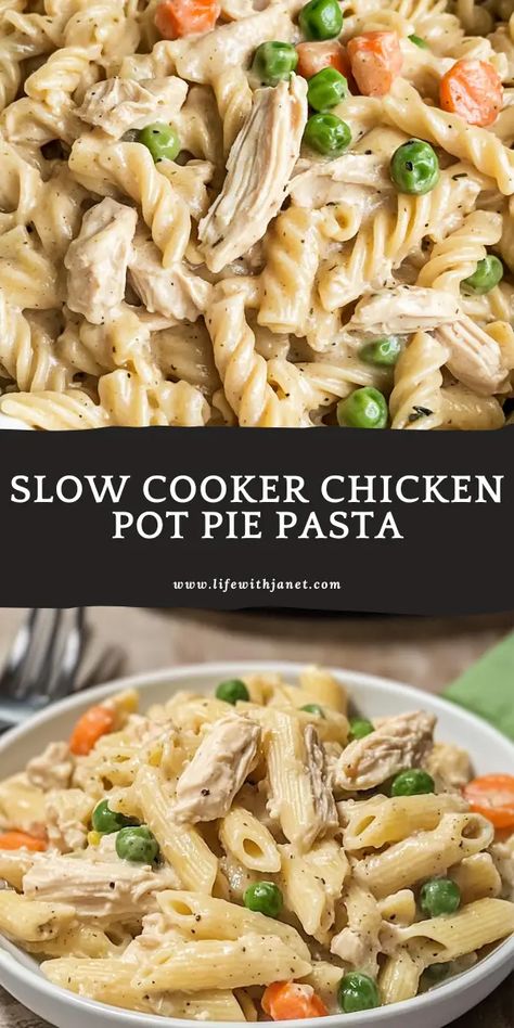 SLOW COOKER CHICKEN POT PIE PASTA All the comfort of a traditional pot pie with the ease of pasta! Perfect for busy families who crave a hearty, home-cooked meal. Chicken Crop Pot Meals Easy, Chicken Pot Pie Pasta Crockpot, Crockpot Noodle Recipes, Crockpot Chicken Pasta Recipes, One Pot Dinner Ideas, Chicken Pot Pie Crock Pot, Chicken Pot Pie Noodles, Crock Pot Pasta, Slow Cooker Chicken Pasta