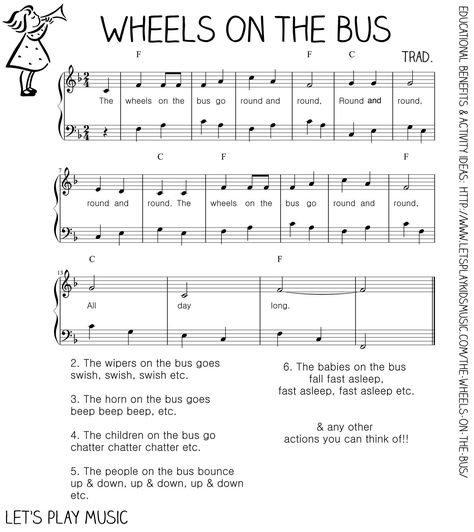 Let's Play Music - Free Sheet Music - The Wheels on the Bus Piano Sheet Music Beginners, Beginner Piano Music, The Wheels On The Bus, Easy Sheet Music, Kids Piano, Action Songs, Violin Sheet Music, Easy Piano Sheet Music, Wheels On The Bus