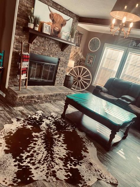 Cow Inspired Living Room, Western Home Amazon Finds, Western Themed Living Room Decor, Western Home Ideas Farmhouse, Grey Western Living Room, Glam Ranch House Decor, Country Theme Living Room Decor, Country Themed House, Cowhide Living Room Ideas