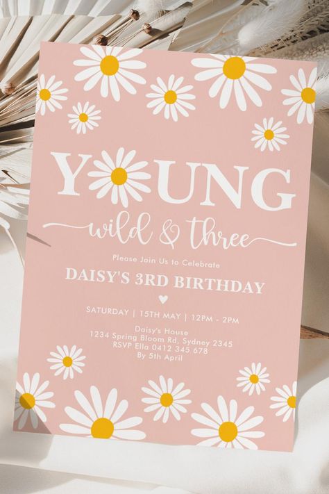 Boho Daisy Floral Young Wild & Three 3rd Birthday Invitation 3rd Birthday Party For Girls, 3rd Birthday Invitation, Third Birthday Invitations, Daisy Theme, Retro Daisy, Retro Birthday, Blue Bunny, Third Birthday, 3rd Birthday Parties