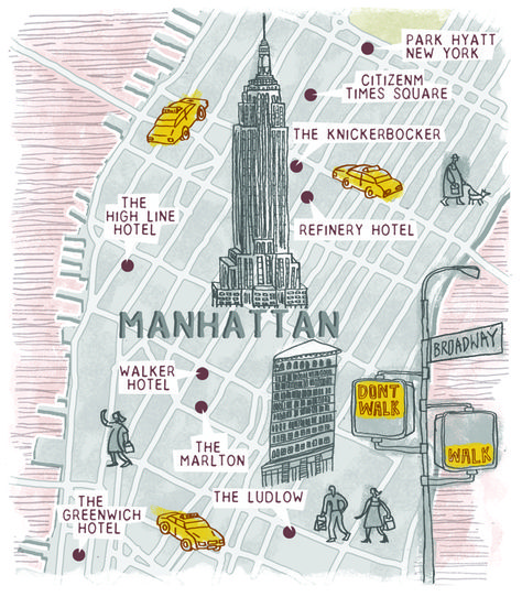 Manhattan map by Robert Littleford. September 2016 issue Manhattan Map Illustration, Manhattan Poster, New York Illustration, Greenwich Hotel, Nyc Pics, Manhattan Map, Manhattan Hotels, Nyc Map, Vision Book