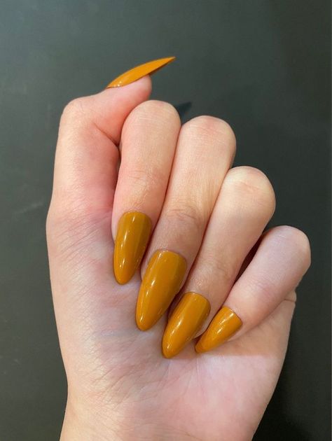 Mustard Yellow Nails Fall, Dark Yellow Nails, Mustard Yellow Nails Designs, Mustard Yellow Nails, Mustard Nails, Yellow Fall Nails, African Soap, Press On Nails Almond, Simple Fall Nails