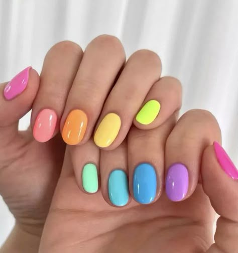 Bright Summer Nails 2024: Fun Acrylic & Gel Designs in Trendy Shapes Gel Polish Colors Summer 2024, Rainbow Nail Polish, Rainbow Gradient Nails, Bright Disney Nails, Trendy Summer Nails 2024, Bright Summer Nails Designs 2024, Pansexual Pride Nails, Simple Fun Nail Designs, Bright Color Nails