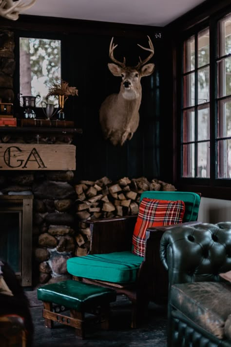 Lodge - Camp Wandawega Barndominium Lake House, Dark Cherry Furniture, English Hunting Lodge, Cabin Livingroom, Fife Arms, Hunting Cabin Decor, Hunting Lodge Decor, Glass Of Whiskey, Camp Wandawega