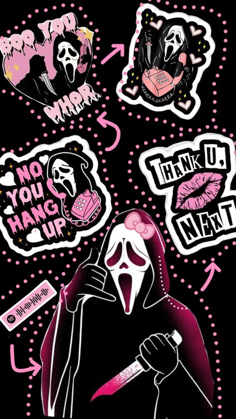 #ghost #pink #black #aesthetic Preppy Scream Wallpapers, Ghost Face Background Wallpapers, Pink Ghost Face Wallpaper Aesthetic, Pink Ghost Face Wallpaper, Pink And Black Halloween Wallpaper, Ghost Face Background, Pink Ghostface Wallpaper, Grunge Lockscreen Aesthetic, Pink Scream Wallpapers