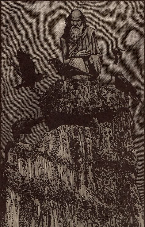 barry moser: elijah fed by the ravens | relief engraving | illustration from the book of first kings in the pennyroyal caxton bible, 1999 Sparrow Logo, Book Of Samuel, Barry Moser, Bible Aesthetic, Abrahamic Religions, Digital Collages, Gustave Dore, Speed Painting, Engraving Illustration