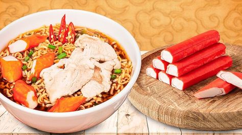 Imitation Crab Is The Convenient Way To Bulk Up Instant Ramen — Tasting Table Crab Ramen, Ramen Flavors, Orange Food Coloring, Lime Shrimp, Artificial Food, Instant Ramen, Crab Rangoon, Diced Chicken, Bulk Up