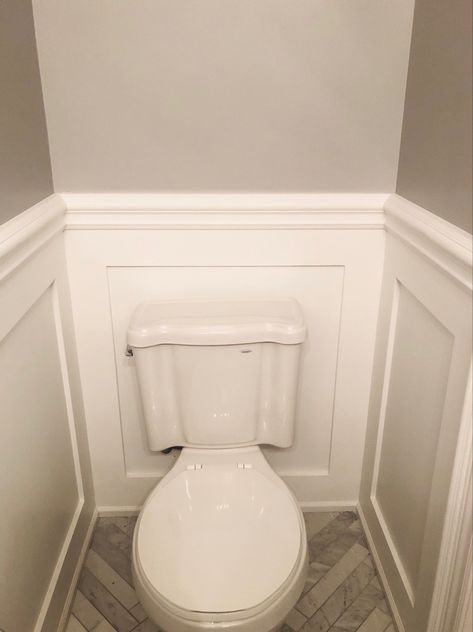 Wainscoting Toilet Room, Wainscotting In Powder Room, Box Molding Powder Room, Small Moody Powder Room Ideas, Bathroom Moulding, Powder Room Wainscoting, Wainscoting Ideas Bathroom, 1/2 Bathroom Ideas, Wainscoting Accent Wall