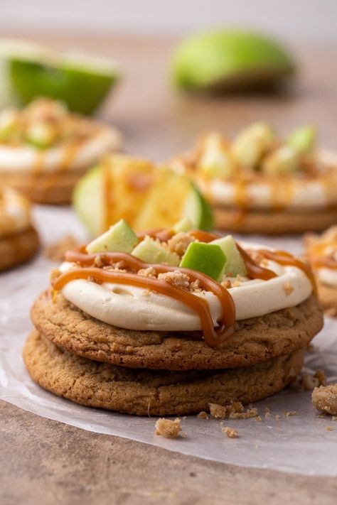 The BEST Apple Caramel Cookies - Crumbl Copycat - Lifestyle of a Foodie Cookies Crumbl, Copycat Cookies, Caramel Cream Cheese Frosting, Crumbl Copycat, Lifestyle Of A Foodie, Apple Caramel, Crumbl Cookies, Ultimate Cookies, Caramel Cream