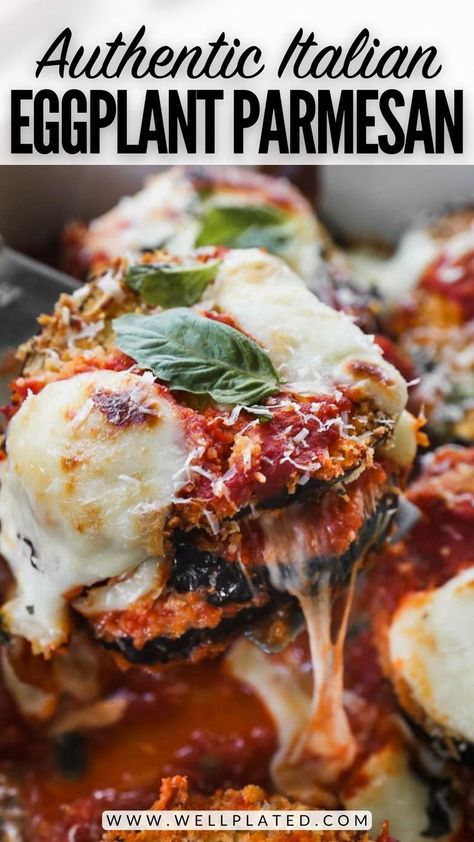 Everyone loves this baked eggplant Parmesan recipe! Crispy eggplant layered with melty mozzarella cheese, marinara, and fresh basil. Delish! Baked Eggplant Parmesan, Eggplant Parmesan Recipe, Crispy Eggplant, Homemade Meat Sauce, Italian American Food, Eggplant Parmesan Baked, Eggplant Recipes Parmesan, Eggplant Dishes, Baked Eggplant