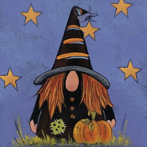 size: 12x12in Art Print: Halloween Gnome by Lisa Hilliker : Rustic, warm, and light-hearted, Lisa Hilliker’s nature-inspired art draws on her upbringing in rural Vermont and her powers of observation. Influenced by Warren Kimble, who is considered "America’s Best Known Living Folk Artist," she shares his affinity for painting on barn board that adds to the weather-worn quality of her work, as does a final antiquing process. She also uses wood or stone as canvases. Hilliker’s early teachers where her artistic mother and grandmother, and she enjoys painting with her favorite muse, her cat at her side. Art Plastique Halloween, Gnome Painting, Gnome Paint, Halloween Gnome, Nature And Wildlife, Art Teachers, New Rock, Epic Art, Acrylic Wall Art