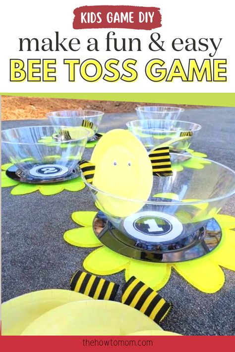 Need a fun activity for the kids this spring and summer? This Bee Toss game great for preschoolers through elementary. It's so easy to make this upcycle DIY and can be done for under $20 dollars or less! Click for the full craft tutorial! Bee Themed Games For Kids, Bee Party Activities, Bee Games For Kids, Bee Party Games, Games Kindergarten, Diy Crafts To Do At Home, Bee Games, Fall Festival Games, Sunday School Games