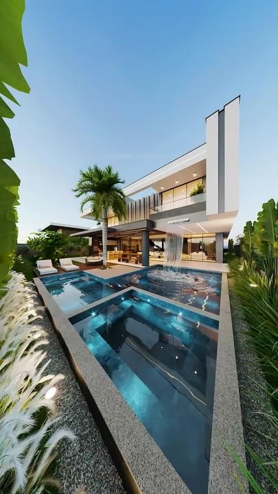 Billion Dollar Homes, Waterfall Pool, Dream House Modern, Home Hall Design, Latest House Designs, Luxury Pools, House Arch Design, التصميم الخارجي للمنزل, Beautiful House Plans