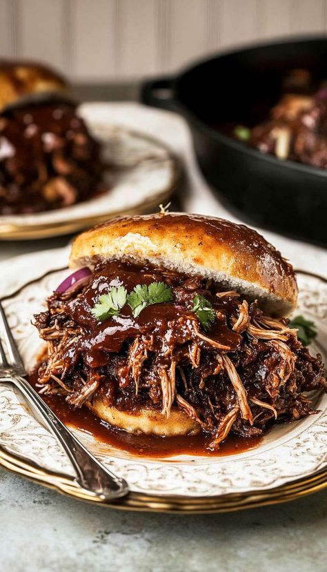 This Ultimate BBQ Pulled Beef Recipe is slow-cooked to tender perfection, packed with smoky flavors perfect for Friendsgiving food ideas or cozy winter meals dinners. Serve it on buns or alongside mashed potatoes for a hearty and satisfying winter dinner recipe that will leave everyone asking for seconds. Pulled Meat Recipes, Winter Sandwich Ideas, Bbq Beef Crockpot, Bbq Pot Roast, Bbq Pulled Beef, Hearty Winter Meals, Winter Meals Dinners, Cozy Winter Meals, Food Recipes Beef