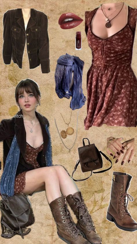 A flat lay of a dark academia-inspired outfit featuring a brown floral dress, a vintage brown corduroy jacket, lace-up leather boots, a leather backpack, a blue scarf, and accessories including layered necklaces, deep red lipstick, and polished brown nails. A perfect mix of cozy and edgy for fall and winter. Brown Lace Up Boots Outfit, Chocolate Brown Nails, Lace Up Boot Outfit, Dark Academia Fall, Winter Outfits Edgy, Deep Red Lipsticks, Dress Layered, Brown Scarves, Coffee Dates