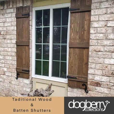 You can’t go wrong with the timeless style of our traditional wood shutters. From a cottage to a rambler, these shutters add something to nearly any style. Made from planks of real Western Red Cedar wood — and stained to your preference — its finished look is hand-crafted yet polished. Choose from several height options to fit each exterior window. Brick Ranch Exterior Makeover, Wooden Shutters Exterior, Shutters Brick House, Cottage Shutters, Modern Shutters, Craftsman Style Exterior, Wood Shutters Exterior, Farmhouse Style Exterior, Window Shutters Exterior