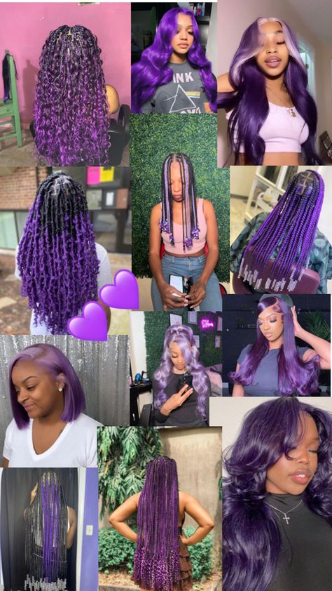 Purple Hair Color Black Women, Purple Box Braids With Curly Ends, Purple Hair Braids Hairstyles, Purple Goddess Braids, Purple Braids For Black Women, Purple Hair Braids, Grey And Purple Hair, Purple Hair Black Women, Purple Natural Hair