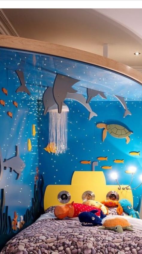 Under Sea Mural, Ocean Themed Playroom, Underwater Playroom, Under The Sea Playroom, Ocean Playroom, Ocean Bedroom Kids, Under The Sea Bedroom, Kids Aquarium, Ocean Kids Room