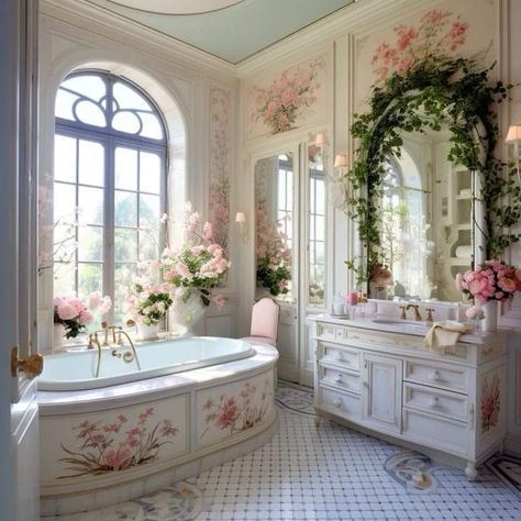 Shabby Chic Exterior House, Cottagecore House Interior Bathroom, Pink Cottagecore Bathroom, Cottagecore Bathroom Aesthetic, French Bathroom Decor Vintage, Bathroom Romantic, Antique Room Aesthetic, Bathroom Cottagecore, Coquette Bathroom