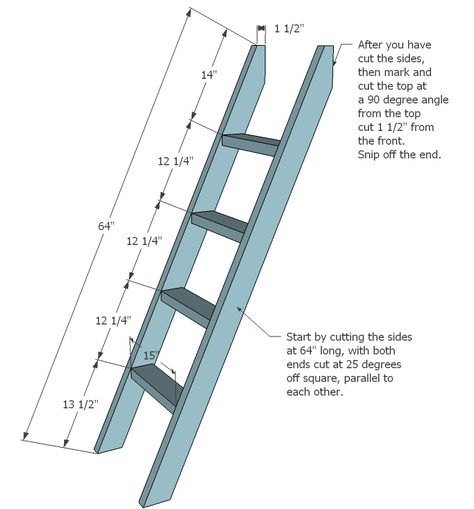 Bunk Bed Ladder Brackets | ladder for the ladder cut two 2x4s 64 long with both ends cut at 25 ... Bed Ladder, Bunk Bed Ladder, Stair Plan, Bunk Bed Plans, Triple Bunk Beds, Bed Stairs, Diy Bunk Bed, Modern Bunk Beds, Escalier Design