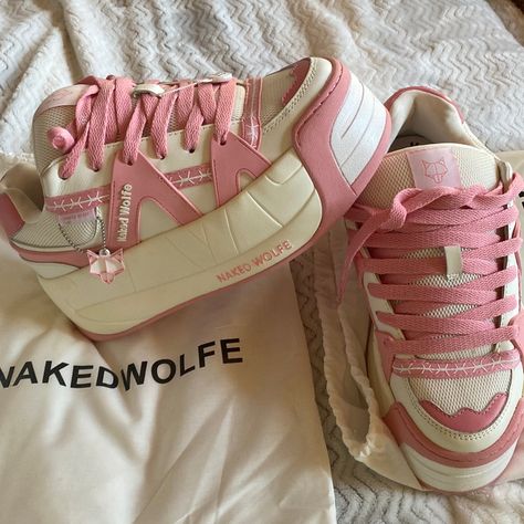 Naked Wolf Platform Sneakers In Pink And White Size 9. Never Worn In Perfect Condition With Tags Still On. Skater Shoes. They Don’t Make Them In Pink Anymore.Comes With Dust Bag Naked Wolfe Sneakers, Naked Wolfe Shoes, Dollskill Shoes, Shoes Preppy, White Keds, Naked Wolfe, Trainers Outfit, White Platform Sandals, Zara Sneakers