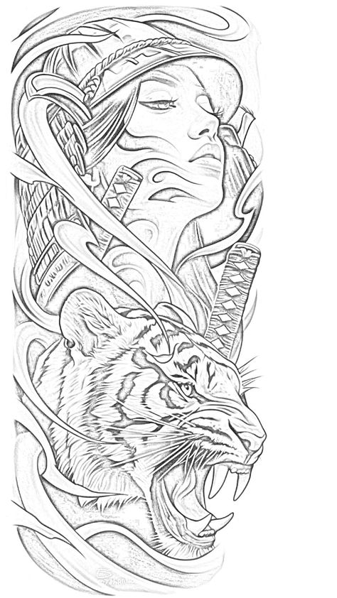 Japanese Forearm Tattoo For Men Stencil, Japanese Tattoo Outline, Japanese Style Tattoo Stencil, Samurai Tattoo Stencil, Geisha Tattoo Design Ideas, Japanese Tattoo Stencil, Chinese Tiger Tattoo, Samurai Tiger Tattoo Design, Printable Tattoo Designs Stencil