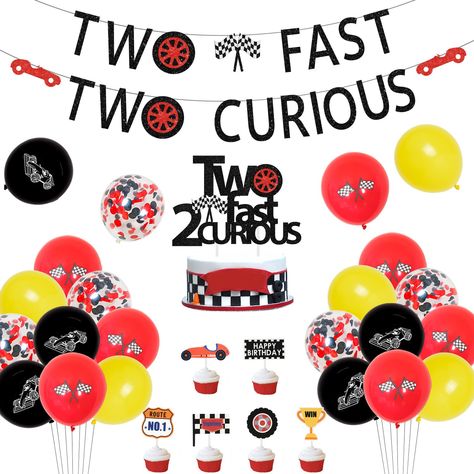 PRICES MAY VARY. Two Fast Birthday Decorations: Include 24pcs latex balloons 12”, two fast two curious banner, two fast 2 curious cake topper, 6pcs race car cupcake toppers. Easy To Use: Two fast two curious banner is not pre-strung, it’s easy to thread through punched banners with included pin and ribbon and adjust the spacing. Race Car Party Decorations: 2 fast 2 curious birthday decorations are designed as cool race car themed patterns, will add a strong atmosphere for boys race car two fast Car Themed 2nd Birthday Party, Too Fast Too Curious Birthday, 2 Yr Birthday Party Ideas Boy, Boy 2nd Birthday Theme, Two Year Old Birthday Party Boy, Two Fast Birthday Party Boy, 2nd Birthday Boy Themes, Two Fast Two Curious Birthday, Boys Birthday Theme