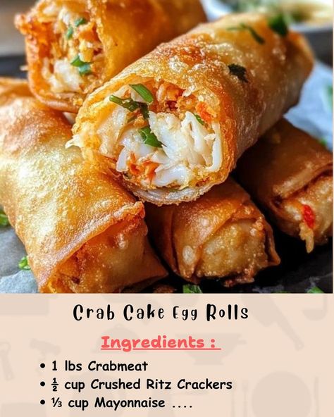 Ingredients: 1 lb Crabmeat ½ cup Crushed Ritz Crackers ⅓ cup Mayonnaise... Crab Cake Egg Rolls Recipes, Crabcake Eggrolls, Crab Egg Rolls Recipes, Seafood Egg Rolls, Egg Roll Dipping Sauce, Crab Cake Sliders, Crab Eggs, Egg Roll Recipe, Egg Roll Ingredients