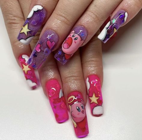 Kirby Nails, Winter Nails Designs, Spring Nail Design, Trendy Summer Nails, Disney Acrylic Nails, Hippie Nails, Punk Nails, Anime Nails, Goth Nails