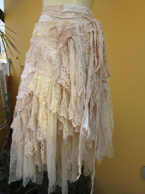 Vintage inspired extra shabby cotton wrap skirt/shawl...a work of art Cowgirl Skirts, Creating Clothes, Cotton Wrap Skirt, Fairy Stuff, Bohemian Wrap, Skirt Diy, Boho Mode, Bridal Skirts, Wedding Skirt