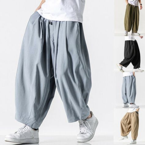 Men's Chinese Style Loose Harem Pants Casual Yoga Kung Fu Wide Leg Long Trousers | eBay Mens Lounge, Mens Yoga, Yoga Pants Men, Big Pants, Wide Leg Yoga Pants, Mens Tshirts Fashion, Black Army, Long Trousers, Stylish Mens Outfits