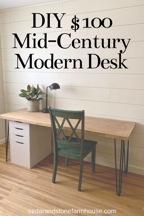 Diy Mcm Desk, Diy Large Desk, Dining Table As Desk, Dining Table As Office Desk, Diy Modern Desk, Build A Desk, Fall Refresh, Diy Mid Century Modern, Diy Mid Century