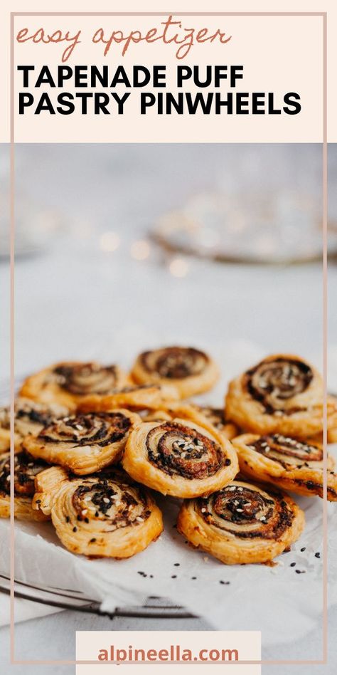 Puff pastry pinwheels filled with olive tapenade and parmesan then sprinkled with sesame seeds. #puffpastry #pinwheels #tapenade #appetizer Tapenade Appetizer, Savoury Pastry Recipe, Pastry Pinwheels, Puff Pastry Pinwheels, Olive Appetizer, Holiday Candy Recipes, Quick Appetizer, Puff Pastry Appetizers, Cheesy Appetizer