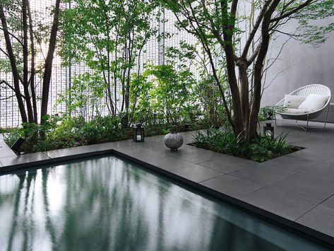 japanese garden / pool / frame Bamboo Water Fountain, Japanese Inspired Garden, Spa Resorts, Landscape Gardening, Pool Landscape Design, Minimalist Garden, Japanese Garden Design, Modern Landscape Design, Modern Pools