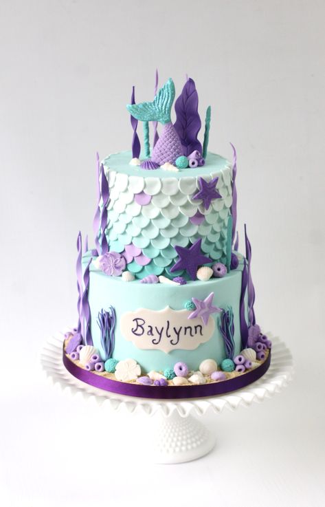 Mermaid Birthday Cake 2 Tier, Simple Fondant Cake, Little Mermaid Birthday Cake, Cinderella Birthday Cake, Mermaid Happy Birthday, Cake Designs For Kids, Beach Themed Cakes, 2nd Birthday Party For Girl, Mermaid Birthday Party Decorations