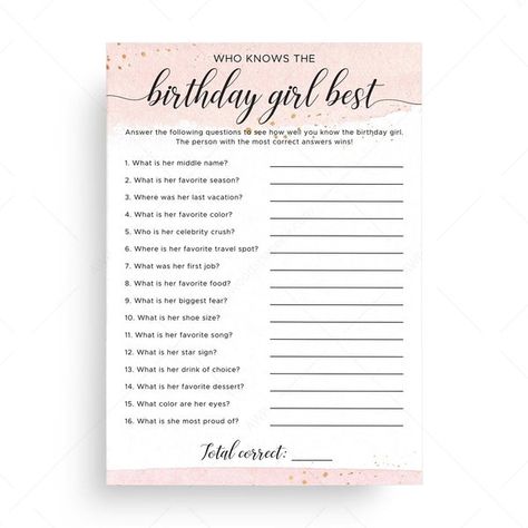 You have finally found the perfect gift for the hard-to-shop-for birthday girl. This is a printable birthday party game to test how well you know her. Just print, cut, and set out the cards around the table for guests to fill in. Find out who knows the birthday girl best. The game is designed by women, for women with a beautiful feminine pink & gold design just for her! This birthday party game is a fun and interactive way to test how well your friends and family know the birthday girl. The How Well Do You Know The Birthday Girl, Who Knows The Birthday Girl Best, Black Tie Birthday Party, Birthday Trivia, Birthday Quiz, Large Group Of People, Find The Guest, Birthday Party Game, Birthday 4