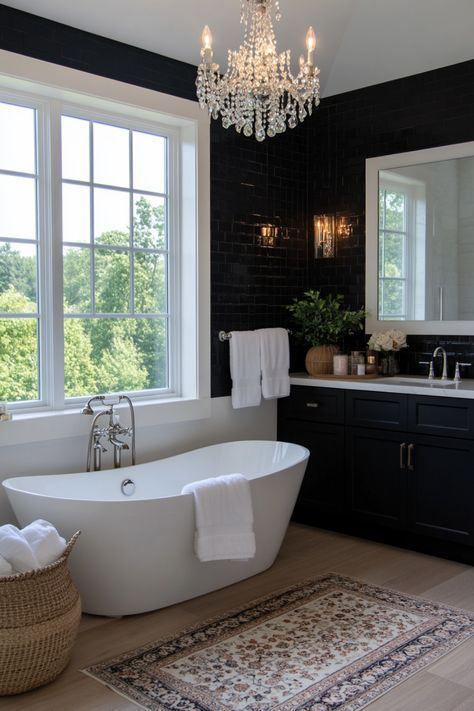 Black And White Bathroom Backsplash, Black And White Bathrooms, Black And White Towels, Modern Master Bath, White Bathrooms, Fall Bedroom Ideas, Black And White Bathroom, Shiplap Bathroom, Shaker Style Cabinets