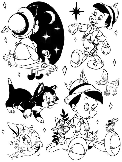 Pinocchio Art Illustration, Disney Tattoo Flash Sheet, Disney Flash Art, Disney Flash Sheet, Pinocchio Tattoo Ideas, Disney Black And White Tattoo, Disney Tattoo Stencils, Disney Tattoo Drawings, 90s Cartoon Tattoo Designs