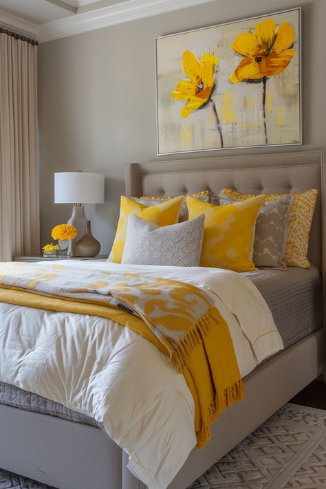 modern-cozy-bedroom-neutral Popular Bedroom Colors, Beautiful Bedroom Colors, Earthy Bedroom, Yellow Room, Yellow Bedroom, Bedroom Color Schemes, Gray Bedroom, Bedroom Refresh, Stylish Bedroom