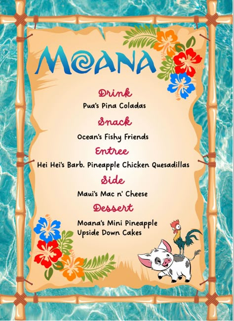 Moana Dinner Ideas, Moana Themed Movie Night, Disney Themed Potluck, Disney Diner And Movie, Movie Night Disney Theme, Disney Themed Dinners For Kids, Disney Food Movie Night, Moana Movie Night Food, Moana Themed Dinner