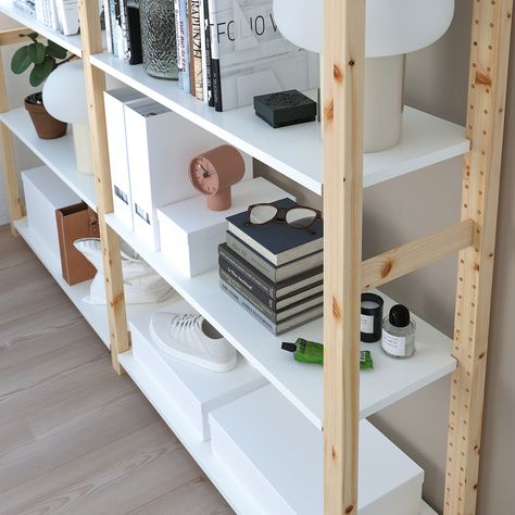 Since IVAR storage system is so good at what it does, it has faithfully served customers’ needs across the home for over 50 years. Attics, living rooms, pantries and bedrooms – they all love IVAR. IVAR 2 sections/shelves, pine/metal white, 175x30x124 cm. Store and organise furniture. Ivar Living Room Bookshelves, Ivar Ikea Living Room, Ivar Shelf Hack, Ivar Bookshelf, Wooden Shelves Living Room, Ikea Wooden Shelves, Ivar Shelving, Ikea Ivar Shelves, Ivar Storage