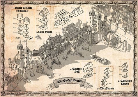 Bridge District by https://www.deviantart.com/fred73fr on @DeviantArt Cartographers Guild, Fantasy City Map, Isometric Map, Bridge City, Rialto Bridge, Fantasy Maps, Rpg Maps, Dungeon Maps, D D Maps