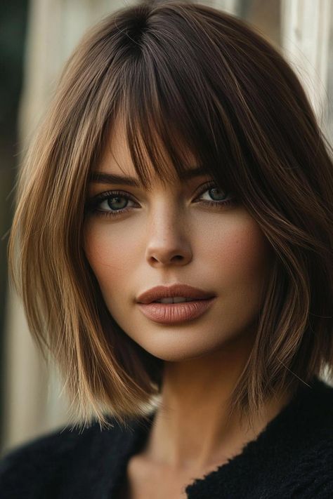 shoulderlength hairstyles, hairstyle inspiration, hair trends Shoulder Bob With Bangs, Shoulder Length Hair With Fringe, Shoulder Length Bob With Bangs, Shoulder Length Haircut With Bangs, Feathery Bangs, Neck Length Hair, Shoulder Length Hair With Bangs, Messy Bob Haircut, Shoulder Length Bob Haircut