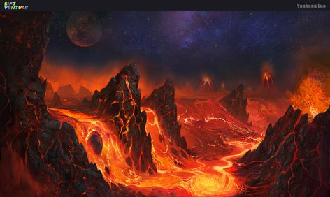 Lava World, Yanheng Luo on ArtStation at https://www.artstation.com/artwork/qmrbz Lava Landscape, Tasmanian Devil, Fantasy World, Volcano, Artwork Painting, Art