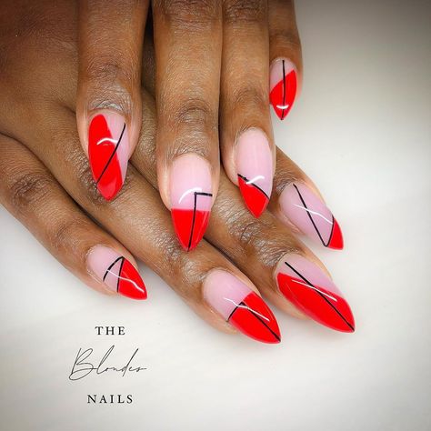 Melissa on Instagram: “Which direction? Inspired from @forevertajnails #the_blondes_nails #nails  #nail #nailsofinstagram #nailsonfleek #nails2inspire #nailswag…” Red Graphic Nails, Delta Sigma Theta Nail Designs, Red Designs Nails, Delta Sigma Theta Nails, Red And Black Swirl Nails, Red Abstract Nails, Red Black And White Nails Design, Negative Space Red Nails, Red Stiletto Nails