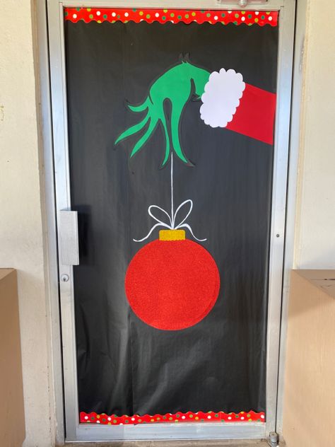 Preschool Christmas Door Ideas Grinch, Grinch Themed Bulletin Board, Grinch School Door Decorations, Nursery Classroom Door Decoration Ideas, Grinch Christmas Door Ideas, Grinch Door Decorating Ideas, Diy Grinch Door Decorations, Grinch Doors For School, Grinch Themed Doors For School