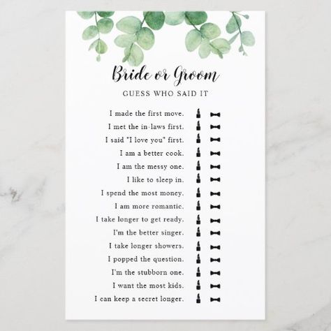 $1.42 | He Said She Said Eucalyptus Bridal Shower Game #eucalyptus bridal shower, greenery bridal shower, sage green bridal shower, calligraphy, elegant bridal shower, botanical, he said she said, bride or groom, guess who said it, bridal shower game Bridal Shower Sage Green, Green Bridal Showers, Bridal Shower Inspo, He Said She Said, Elegant Bridal Shower, Boho Bridal Shower, Bridal Shower Brunch, Bridal Shower Game, Bridal Brunch