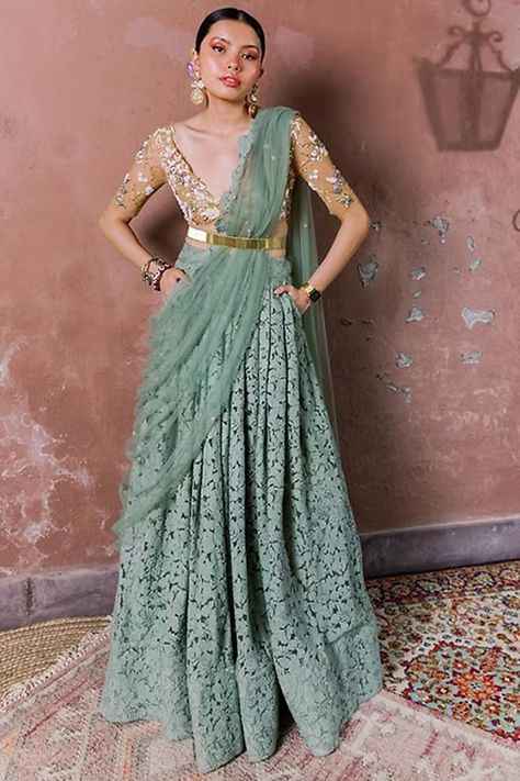 Sage Green Tulle & Silk Embroidered Lehenga Set Design by The Little Black Bow at Pernia's Pop Up Shop 2024 Mint Skirt, Embroidery Dupatta, Lehenga Dupatta, Floral Lehenga, Silk Tulle, Gold Belt, Embroidered Skirt, Skirt With Pockets, Black Bow