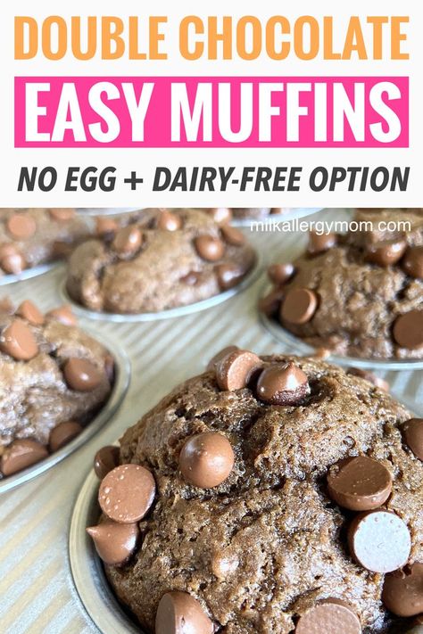 pan of dairy free and eggless vegan chocolate muffins so easy Dairy Allergy Recipes, Easy Chocolate Chip Muffin Recipe, Chocolate Breakfast Muffins, Gluten Free Chocolate Chip Muffins, Egg Free Muffins, Vegan Chocolate Chip Muffins, Chocolate Chip Muffins Easy, Milk Allergy Mom, Dairy Free Muffins